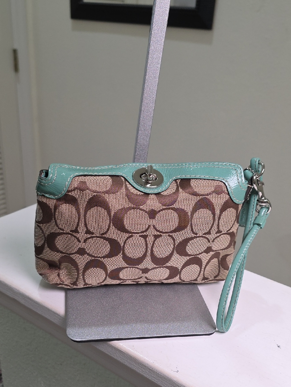 COACH Y2K Vintage Minibag/Wristlet Signature Fabric/Teal Glazed Leather Trim EUC